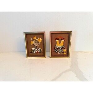 Vintage Southwest Embroidery Crewel Wall Hanging Set of 2 Framed Brown & Yellow